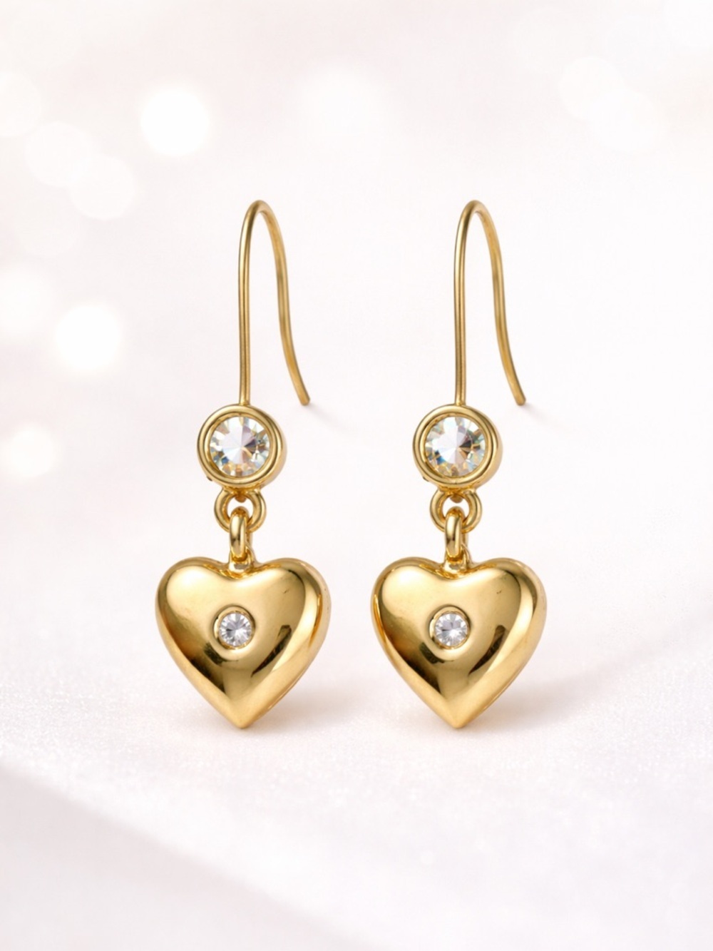 Vintage Gold Heart Drop Earrings with Crystal Accent